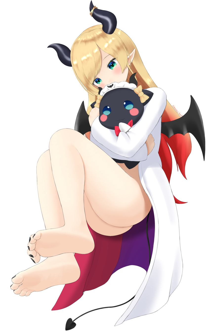 1girl absurdres aqua_eyes ass bare_legs barefoot black_horns black_wings blonde_hair bottomless demon_girl demon_tail demon_wings feet gradient_hair highres hololive horn_ornament horn_ring horns invisible_chair knees_up lab_coat legs long_hair long_sleeves looking_at_viewer multicolored_hair nail_polish object_hug parted_bangs pointy_ears red_hair shadow simple_background sitting soles solo swept_bangs tail tamagotozi3420 thighs toe_scrunch toenail_polish toenails toes virtual_youtuber white_background wings yuzuki_choco