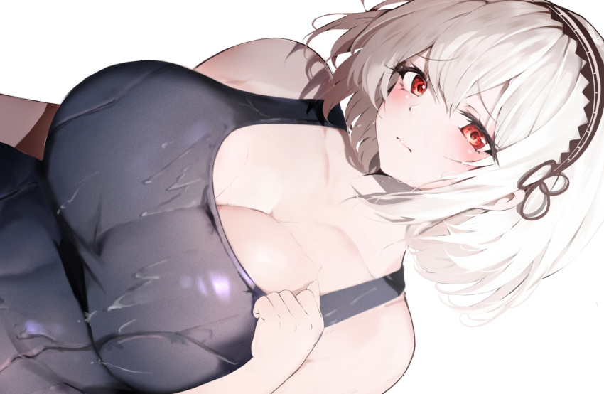 1girl azur_lane black_hairband blue_one-piece_swimsuit blush breasts cleavage closed_mouth collarbone hairband highres large_breasts looking_at_viewer medium_hair one-piece_swimsuit raru_(nanaharararu) red_eyes school_swimsuit sideways simple_background sirius_(azur_lane) solo swimsuit white_background white_hair