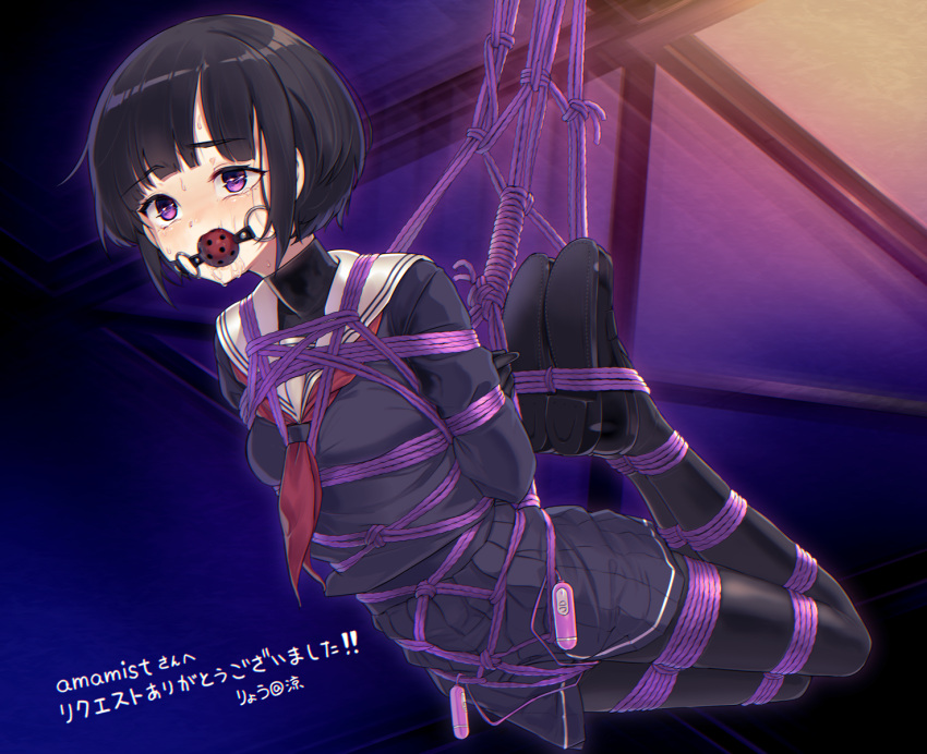 1girl arms_behind_back ball_gag bdsm black_footwear black_hair black_pantyhose black_shirt black_skirt blush bondage bound bound_arms bound_legs breasts chromatic_aberration commentary_request commission controller crotch_rope drooling full_body gag gagged highres idolmaster idolmaster_cinderella_girls indoors legs_together long_sleeves miniskirt neckerchief nose_blush open_mouth pantyhose pleated_skirt purple_eyes red_neckerchief remote_control remote_control_vibrator rope ryou@ryou sailor_collar saliva school_uniform serafuku sex_toy shibari shibari_over_clothes shirayuki_chiyo shirt shoes short_hair sidelocks skeb_commission skirt small_breasts solo suspension sweat translation_request undershirt vibrator vibrator_cord vibrator_under_clothes white_sailor_collar