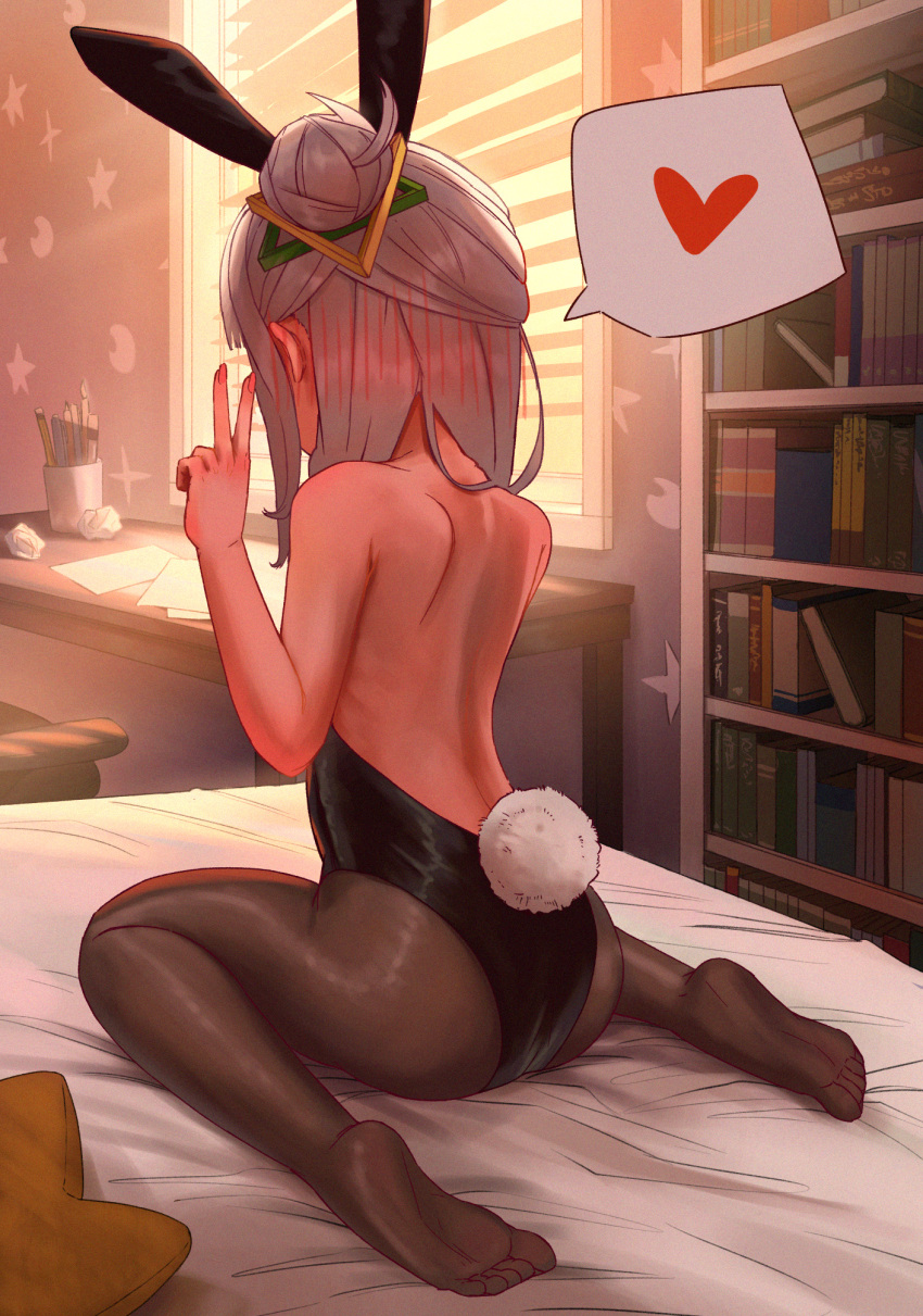 1girl alternate_costume animal_ears ass back backless_leotard bed_sheet black_leotard bookshelf brown_pantyhose commentary_request desk english_commentary fake_animal_ears feet from_behind full_body grey_hair hair_bun hand_up heart hexagram_hair_ornament highleg highleg_leotard highres hololive indoors legs leotard mixed-language_commentary murasaki_shion nail_polish no_shoes pantyhose pink_nails playboy_bunny rabbit_ears rabbit_tail raedrobart sitting soles solo spoken_heart tail thighs toes v virtual_youtuber wariza window