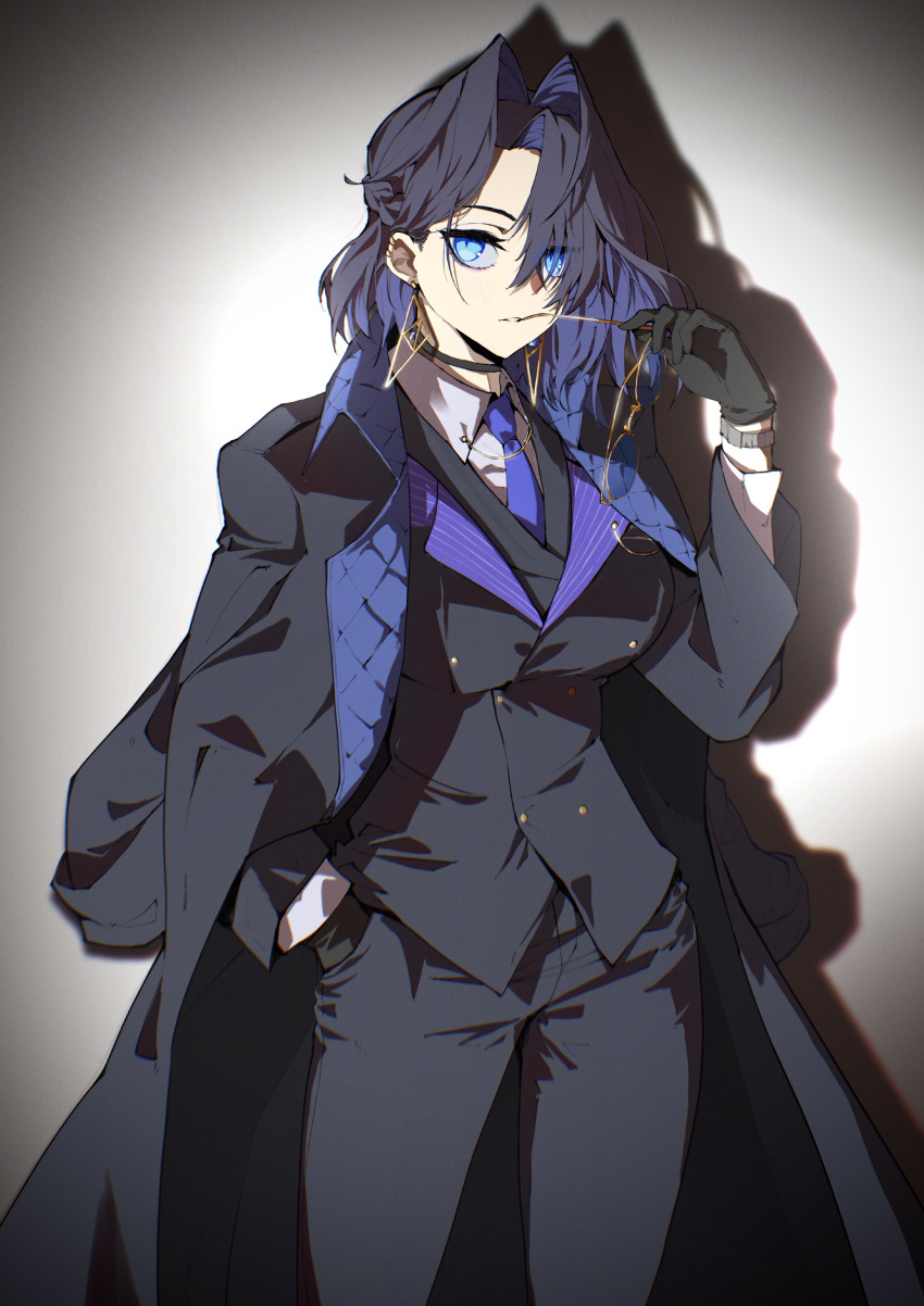 1girl absurdres arm_up black_gloves black_jacket black_pants black_suit blue_eyes blue_hair blue_necktie braid breasts buttons choker coat coat_on_shoulders collar_chain_(jewelry) collared_shirt cowboy_shot double-breasted dress_shirt ear_piercing earrings eyewear_removed glasses gloves hair_intakes hair_over_one_eye hand_in_pocket highres holding holding_removed_eyewear hololive hololive_english jacket jewelry jon_eve large_breasts long_sleeves looking_at_viewer mafia_(vocaloid) multicolored_hair necktie official_alternate_costume open_clothes ouro_kronii overcoat pant_suit pants piercing shirt short_hair single_braid solo suit suit_jacket toasting_(gesture) two-sided_fabric virtual_youtuber waistcoat watch wristwatch