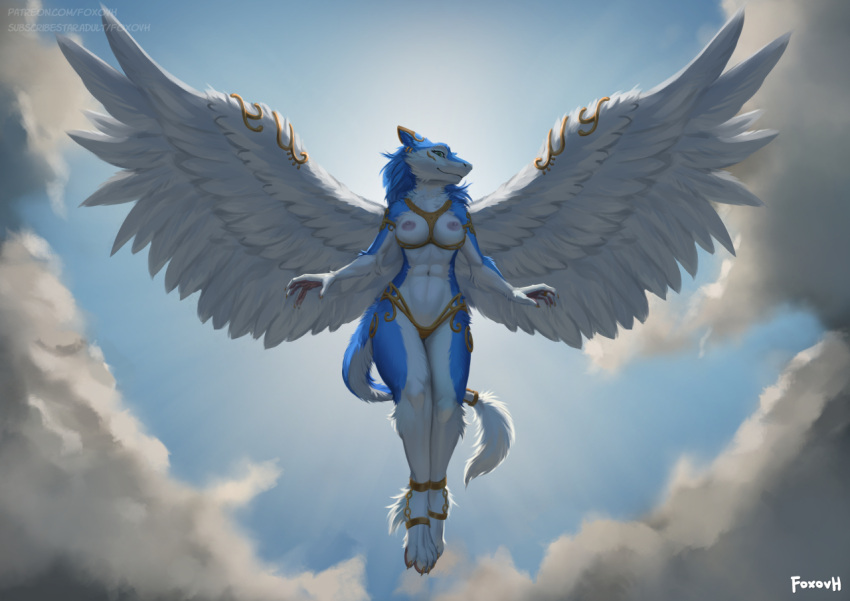 anthro blue_body blue_fur breasts clothed clothing feathered_wings feathers female foxovh fur solo tail wings
