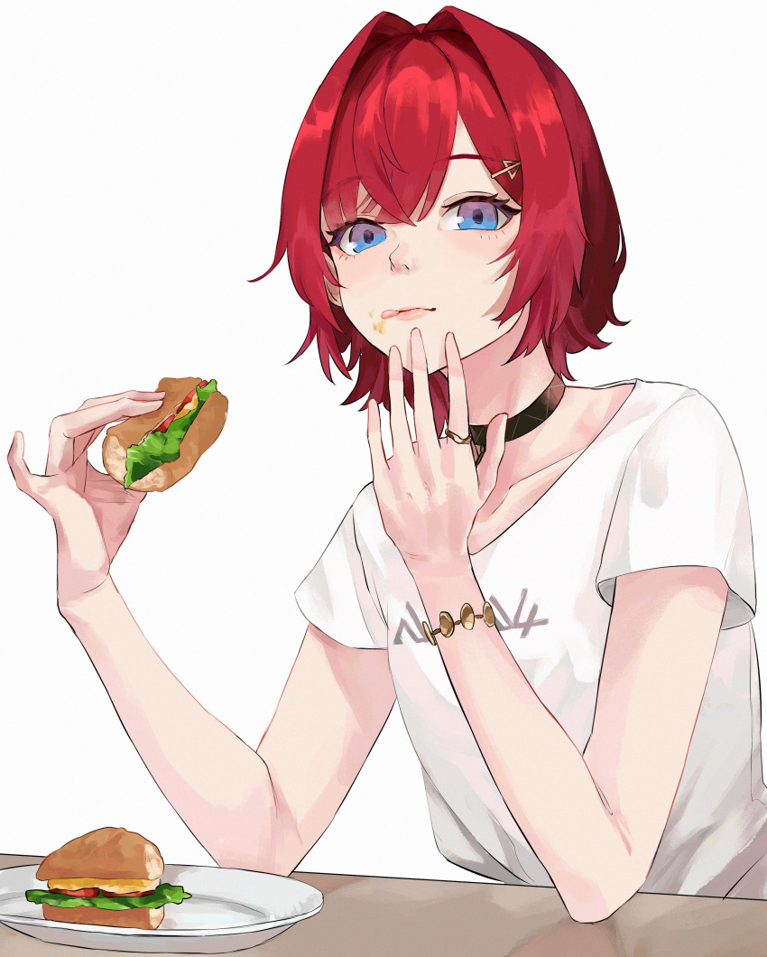 1girl absurdres ange_katrina blue_eyes bracelet choker closed_mouth eating elbow_rest flat_chest food food_on_face hair_intakes hair_ornament hairclip highres holding holding_food jewelry licking_lips looking_at_viewer nijisanji plate red_hair ring sandwich shirt short_hair short_sleeves solo table takamiya2222 tongue tongue_out upper_body virtual_youtuber white_shirt