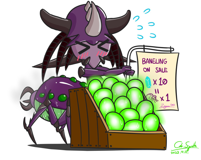 absurd_res blizzard_entertainment blush blush_lines cdrspark egg female hi_res simple_background solo starcraft taur zagara_(starcraft) zerg zerg_queen_(starcraft)