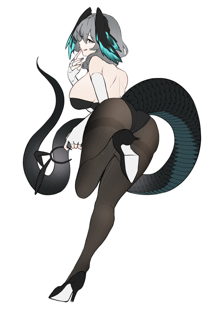 1girl alternate_costume animal_ears aqua_eyes aqua_tail aqua_wings arknights ass ass_focus back backless_leotard backless_outfit balancing bare_back bare_shoulders black_footwear black_hairband black_leotard black_nails black_tail black_wings breasts brown_pantyhose commentary_request dutch_angle elbow_gloves eyelashes fake_animal_ears fake_animal_ears_removed feathered_wings finger_to_mouth fingerless_gloves fingernails fishnet_pantyhose fishnets foot_up foreshortening from_behind full_body gloves goma_74umai grey_hair hair_between_eyes hair_flowing_over hairband hand_up head_wings high-waist_sideboob high_heels highleg highleg_leotard highres ho'olheyak_(arknights) holding holding_hairband index_finger_raised invisible_floor large_breasts leaning leaning_forward legs leotard long_tail looking_at_viewer looking_back medium_hair multicolored_tail multicolored_wings nail_polish pale_skin pantyhose playboy_bunny presenting presenting_ass profile pumps rabbit_ears scales shoulder_blades sideboob sideways_glance simple_background sleeveless smile smirk snake_tail solo standing standing_on_one_leg strapless strapless_leotard tail thighs tongue tongue_out two-tone_tail two-tone_wings white_background white_gloves wings