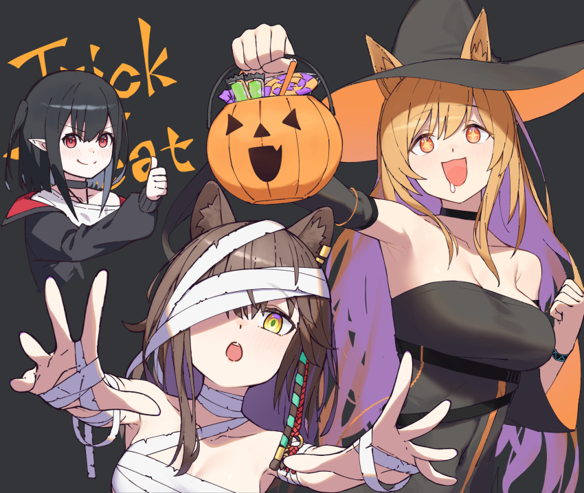 +_+ 3girls :d allen.n animal_ear_fluff animal_ears arknights bandage_over_one_eye bandages black_background blush bracelet breasts brown_hair bucket ceobe_(arknights) cleavage closure_(arknights) detached_sleeves dog_ears dog_girl dress drooling ears_through_headwear hair_ornament halloween halloween_bucket hat highres holding holding_bucket infection_monitor_(arknights) jewelry large_breasts long_sleeves lunacub_(arknights) multiple_girls mummy_costume naked_bandage open_mouth red_eyes simple_background smile strapless strapless_dress teeth thumbs_up trick_or_treat upper_teeth_only witch witch_hat wolf_ears wolf_girl