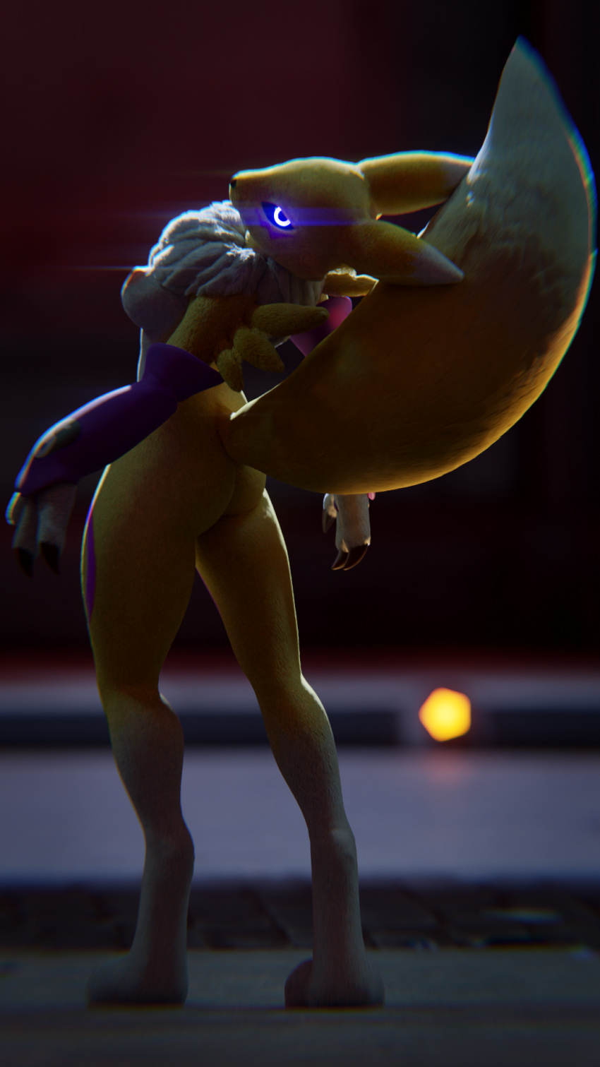 anamorphic_lens_flare anthro areola armwear bandai_namco blender_(software) blender_cycles blurred_background breasts butt claws clothing daemonanimated depth_of_field digimon digimon_(species) female flexible fur hi_res leg_tattoo looking_at_viewer looking_back looking_back_at_viewer nude portrait purple_eyes renamon rim_light solo tattoo white_body white_fur yellow_body yellow_fur
