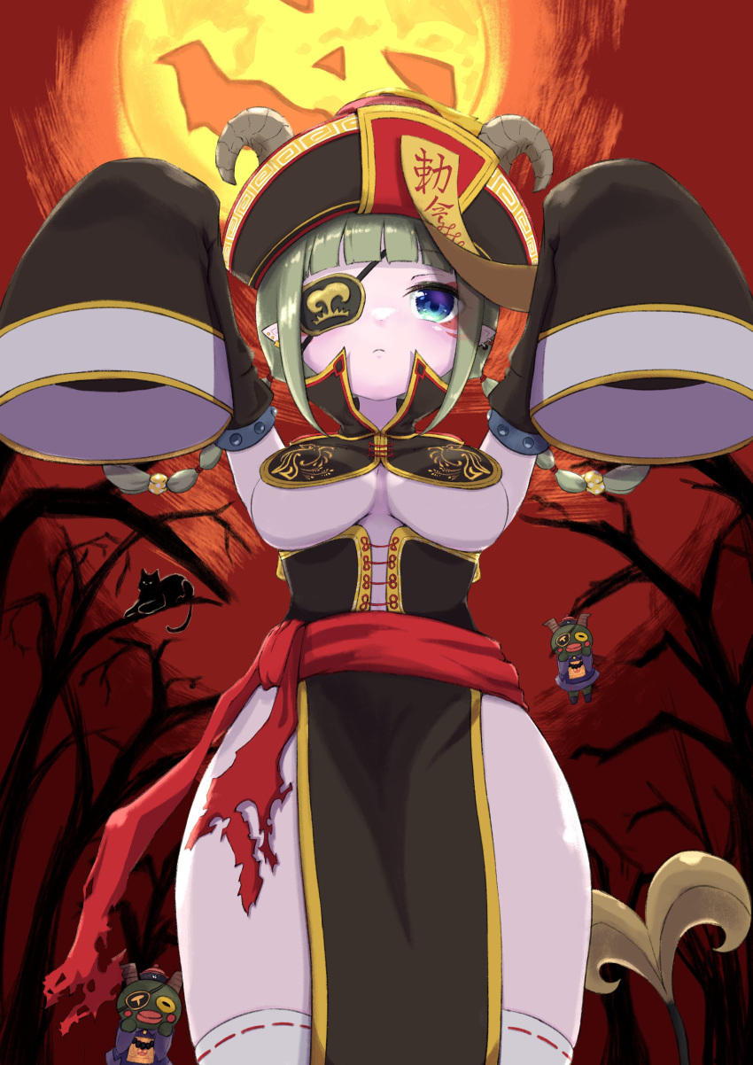 1girl absurdres bare_tree black_cat black_sleeves blue_eyes blush breasts brown_horns cat closed_mouth colored_skin commentary_request cowboy_shot demon_girl demon_horns demon_tail detached_sleeves earrings expressionless eyepatch full_moon green_hair halloween halloween_costume hat highres horns jack-o'-lantern jewelry jiangshi_costume looking_at_viewer medium_bangs medium_breasts moon nanashi_inc. nukokaki ofuda orange_moon outstretched_arms pelvic_curtain pointy_ears purple_skin qing_guanmao red_sash ribbon-trimmed_thighhighs sash sekishiro_mico short_hair sleeves_past_fingers sleeves_past_wrists solo tail thighhighs tree underboob virtual_youtuber white_thighhighs zombie_pose