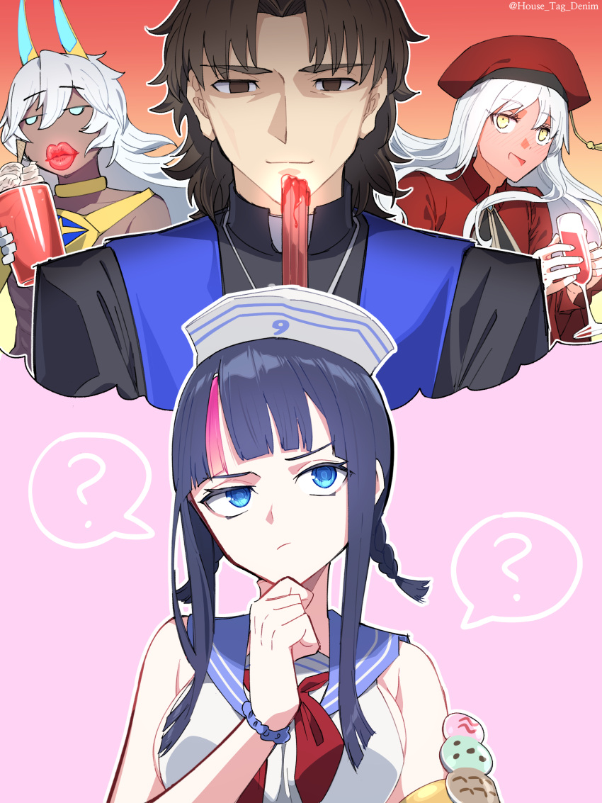 2boys 2girls ? absurdres arjuna_(fate) arjuna_alter_(fate) beret black_hair black_jacket blue_eyes blue_horns blue_sailor_collar blush braid breasts brooch brown_eyes brown_hair caren_hortensia caren_hortensia_(amor_caren) caren_hortensia_(amor_caren)_(second_ascension) churro cup dark-skinned_male dark_skin dress drinking_glass fate/grand_order fate_(series) full-face_blush hat highres horns house_tag_denim jacket jewelry kotomine_kirei large_breasts long_hair long_sleeves looking_at_viewer low_twin_braids medium_breasts medium_hair multicolored_hair multiple_boys multiple_girls neck_ribbon neck_ring neckerchief necklace open_mouth parted_bangs pink_hair priest rasputin_(fate) red_dress red_headwear ribbon sailor_collar sailor_hat shirt short_hair sidelocks sleeveless sleeveless_shirt smile spicy stole streaked_hair twin_braids utsumi_erice utsumi_erice_(swimsuit_avenger) utsumi_erice_(swimsuit_avenger)_(second_ascension) wavy_hair white_hair white_headwear white_shirt yellow_eyes