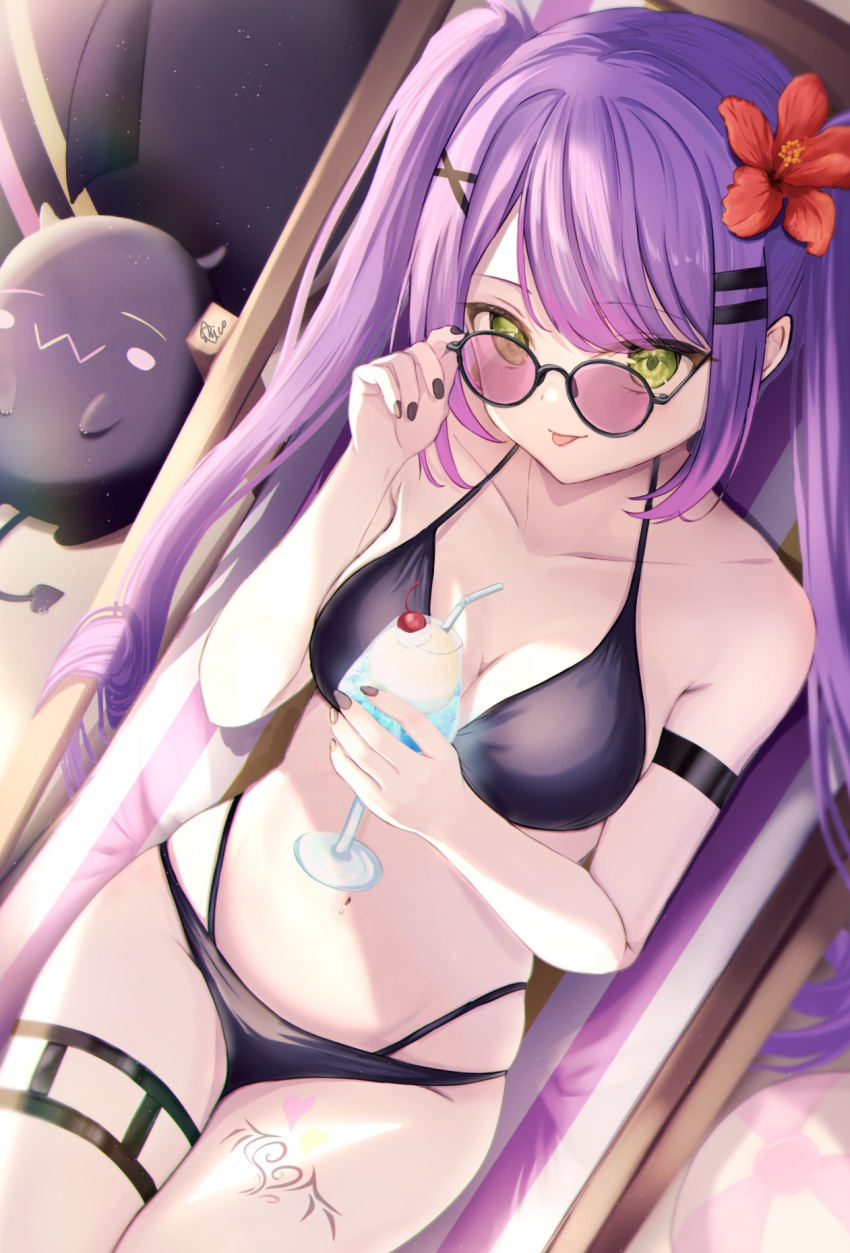 1girl :p arm_strap beach_chair bibi_(tokoyami_towa) bikini black_bikini black_nails breasts cherry cup drinking_glass flower food from_above fruit gradient_hair green_eyes hair_flower hair_ornament hairclip hibiscus highres holding holding_cup hololive leg_tattoo long_hair looking_at_viewer lying medium_breasts multi-strapped_bikini multicolored_hair navel on_back piccolo_(gvgk8874) pink_hair purple_hair skindentation sunglasses swimsuit tattoo thigh_strap thighs tokoyami_towa tongue tongue_out twintails very_long_hair virtual_youtuber x_hair_ornament