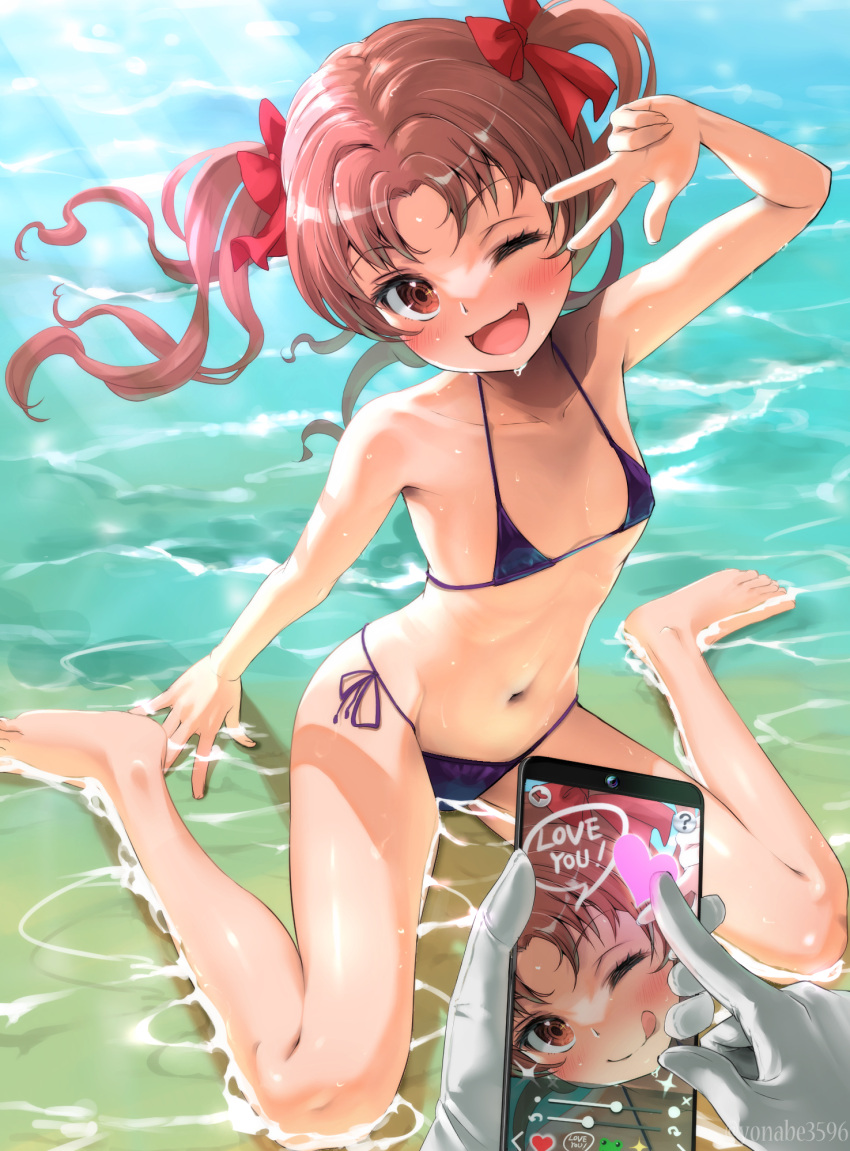 2girls barefoot bikini black_bikini blush brown_hair collarbone feet female_pov flat_chest gloves hair_ribbon highres holding holding_phone legs looking_at_viewer multiple_girls navel parted_bangs phone phone_screen pov ribbon shallow_water shirai_kuroko shokuhou_misaki side-tie_bikini_bottom sitting smile solo_focus stomach swimsuit toaru_kagaku_no_railgun toaru_majutsu_no_index toes twintails v wariza water water_drop white_gloves yonabe