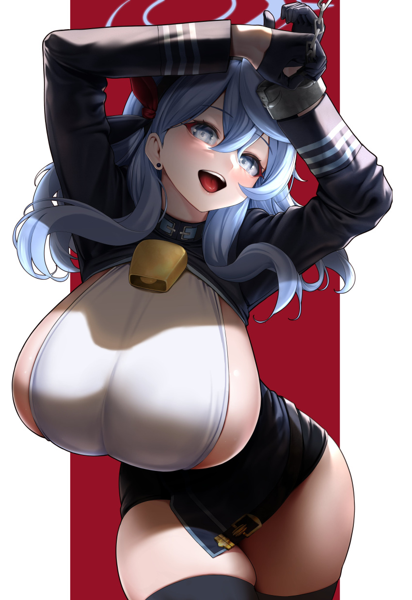 1girl absurdres ako_(blue_archive) bell black_gloves black_skirt black_thighhighs blue_archive blue_eyes blue_hair blue_hairband blue_jacket blush breasts chain cuffs earrings garter_straps gloves hair_between_eyes hairband highres holding holding_chain jacket jewelry kos-owl large_breasts long_hair looking_at_viewer neck_bell open_clothes open_jacket open_mouth red_ribbon ribbon shackles sideboob skirt smile solo thighhighs
