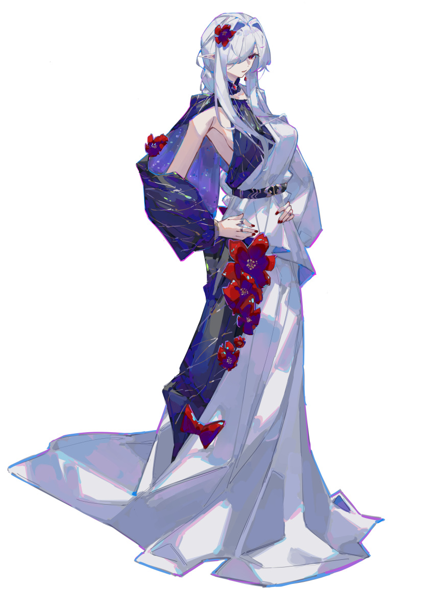 1girl absurdres arknights belt bow breasts brooch chinese_commentary collar commentary_request dress earrings fingernails flower full_body gladiia_(arknights) grey_hair hair_flower hair_ornament hair_over_one_eye hands_on_own_hips highres jewelry layered_dress long_hair looking_at_viewer mirrorwu81568 multiple_rings nail_polish parted_lips pointy_ears purple_belt purple_collar purple_dress red_bow red_eyes red_flower red_nails ring sidelocks simple_background single_bare_shoulder small_breasts solo white_background white_dress
