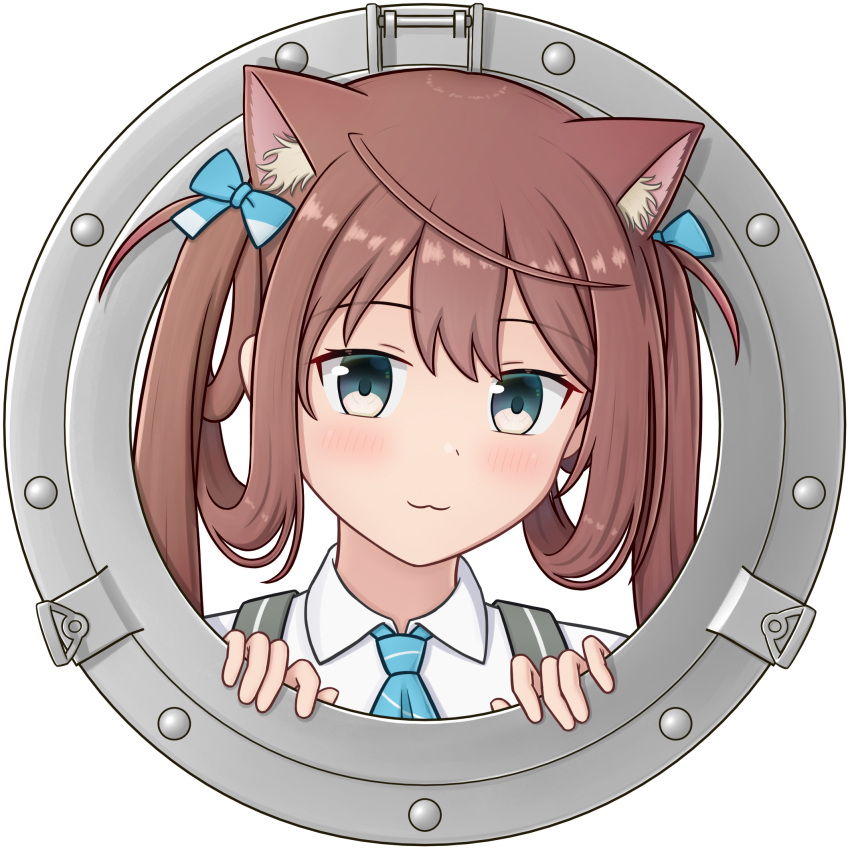 1girl :3 animal_ear_fluff animal_ears asagumo_(kancolle) ascot blue_ascot brown_hair cat_ears collared_shirt dress_shirt grey_eyes hair_ribbon highres kantai_collection konato_k long_hair porthole ribbon school_uniform shirt solo twintails upper_body white_shirt window