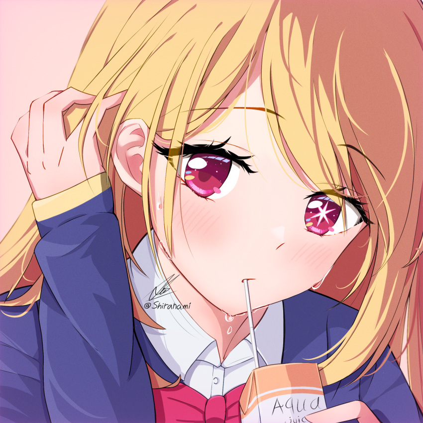 1girl blonde_hair blue_jacket blush bow bowtie collared_shirt commentary dress_shirt drinking_straw drinking_straw_in_mouth english_commentary english_text hair_behind_ear hair_tucking highres hoshino_ruby jacket long_hair long_sleeves looking_at_viewer mismatched_pupils mixed-language_commentary oshi_no_ko pink_background pink_bow pink_bowtie pink_eyes school_uniform shiranami shirt sidelocks signature solo star-shaped_pupils star_(symbol) sweat symbol-shaped_pupils twitter_username upper_body white_shirt youtou_high_school_uniform