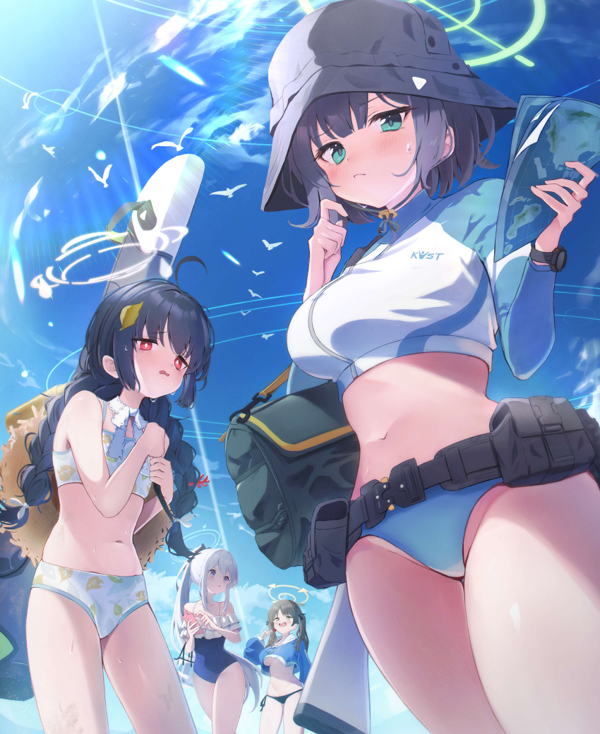 4girls absurdres ahoge bikini bird black_hair black_headwear blue_archive blue_halo blue_one-piece_swimsuit blue_sky braid breasts brown_hair cellphone cloud commentary_request day green_eyes green_halo halo hat higashigure highres holding holding_phone large_breasts leaf leaf_on_head leaf_print long_hair looking_at_viewer midriff miyako_(blue_archive) miyako_(swimsuit)_(blue_archive) miyu_(blue_archive) miyu_(swimsuit)_(blue_archive) moe_(blue_archive) moe_(swimsuit)_(blue_archive) multiple_girls navel official_alternate_costume one-piece_swimsuit outdoors phone print_bikini rabbit_platoon_(blue_archive) saki_(blue_archive) saki_(swimsuit)_(blue_archive) short_hair sky swimsuit twin_braids underboob white_bikini white_halo