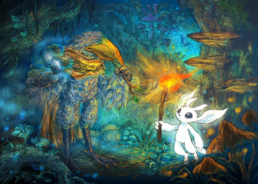 bird ei_(stingray) fire furry holding holding_stick mushroom night ori_(ori_and_the_blind_forest) ori_and_the_blind_forest scarf standing stick tokk_(ori_and_the_blind_forest) torch wings yellow_scarf