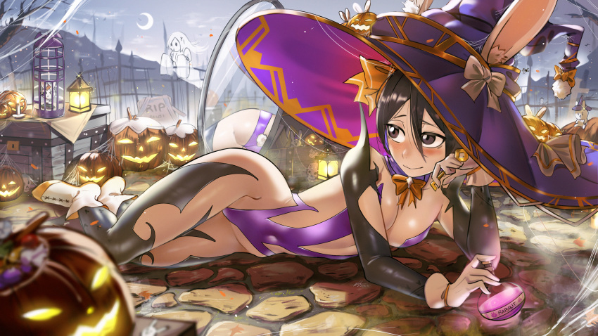 1girl absurdres alternate_costume ass black_eyes black_hair black_thighhighs bleach blush breasts candle covered_navel crescent_moon ghost gloves halloween hat highres jack-o'-lantern kuchiki_rukia lantern lying mirror moon night on_side purple_headwear reflection revealing_clothes short_hair small_breasts solo thighhighs waligner white_footwear white_gloves witch witch_hat
