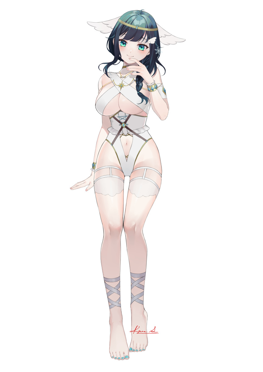 1girl absurdres ahoge amano_nene_(vtuber) amano_nene_(vtuber)_(5th_costume) aqua_eyes arm_at_side bare_shoulders barefoot barefoot_sandals bikini blue_hair blush bracelet braid breasts chain circlet closed_mouth clothing_cutout dark_blue_hair detached_sleeves finger_to_own_chin fingernails frills full_body gold_chain hair_ornament hair_over_shoulder hairclip hand_up highres jewelry large_breasts leg_ribbon legwear_garter long_hair looking_at_viewer nail_polish navel navel_cutout neck_ring official_alternate_costume official_alternate_hairstyle production_kawaii ribbon shima_koume side_braid signature simple_background single_braid sling_bikini_top smile solo swimsuit toenail_polish toenails underboob underbust virtual_youtuber white_background white_bikini white_sleeves wing_hair_ornament