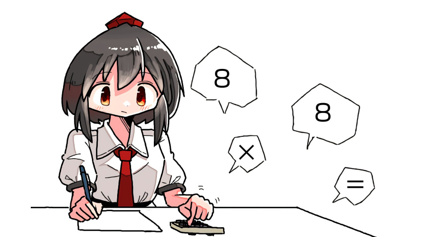 1girl black_hair calculator closed_mouth collared_shirt hat highres kasuya_baian math necktie paper pen puffy_short_sleeves puffy_sleeves red_eyes red_headwear red_necktie shameimaru_aya shirt short_hair short_sleeves simple_background solo speech_bubble tareme tokin_hat touhou white_background white_shirt