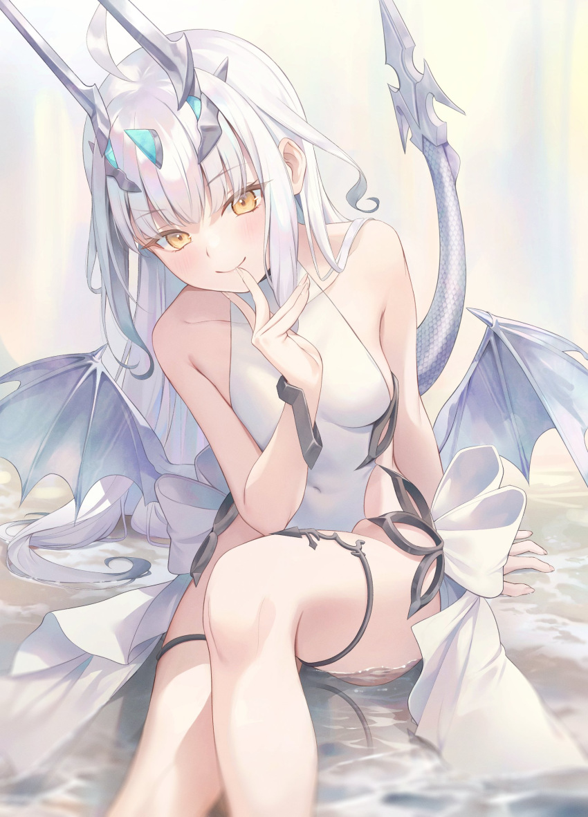 1girl absurdres bare_shoulders breasts collarbone covered_navel dragon_tail dragon_wings fate/grand_order fate_(series) forked_eyebrows highres horns long_hair looking_at_viewer melusine_(fate) melusine_(swimsuit_ruler)_(fate) melusine_(swimsuit_ruler)_(second_ascension)_(fate) one-piece_swimsuit shore sidelocks sitting small_breasts smile solo swimsuit tail thighlet thighs water white_hair white_one-piece_swimsuit wings yellow_eyes yukiyama_momo