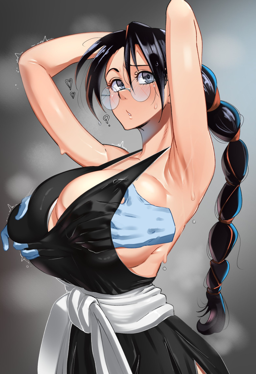 1girl ? armpits arms_up black_hair black_kimono bleach bleach:_the_thousand-year_blood_war blush braid braided_ponytail breasts castell cleavage commentary cowboy_shot disembodied_limb english_commentary eyelashes furrowed_brow glasses grabbing grabbing_another's_breast grabbing_from_behind grey_background grey_eyes hair_between_eyes haori highres huge_breasts japanese_clothes katori_batsuunsai kimono long_hair looking_at_viewer parted_lips rimless_eyewear round_eyewear sideboob simple_background solo_focus standing steaming_body sweat taichou_haori trembling