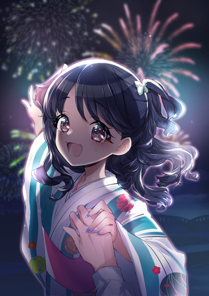 1girl absurdres black_hair blue_nails bow commentary_request fangs fireworks fukumaru_koito hair_bow hand_grab highres idolmaster idolmaster_shiny_colors japanese_clothes kimono long_hair looking_at_viewer motituki0 night night_sky open_mouth outdoors pointing pov pov_hands purple_eyes skin_fangs sky swept_bangs two_side_up upper_body yukata