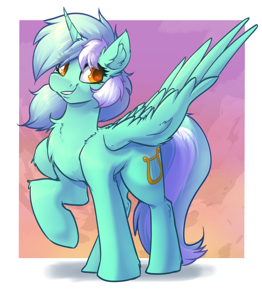 2023 absurd_res alternate_species amber_eyes cutie_mark equid equine friendship_is_magic fur green_body green_fur green_hair hair hasbro hi_res hooves horn lyra_heartstrings_(mlp) mammal multicolored_hair my_little_pony pose raised_hoof solo two_tone_hair white_hair winged_unicorn wings witchtaunter