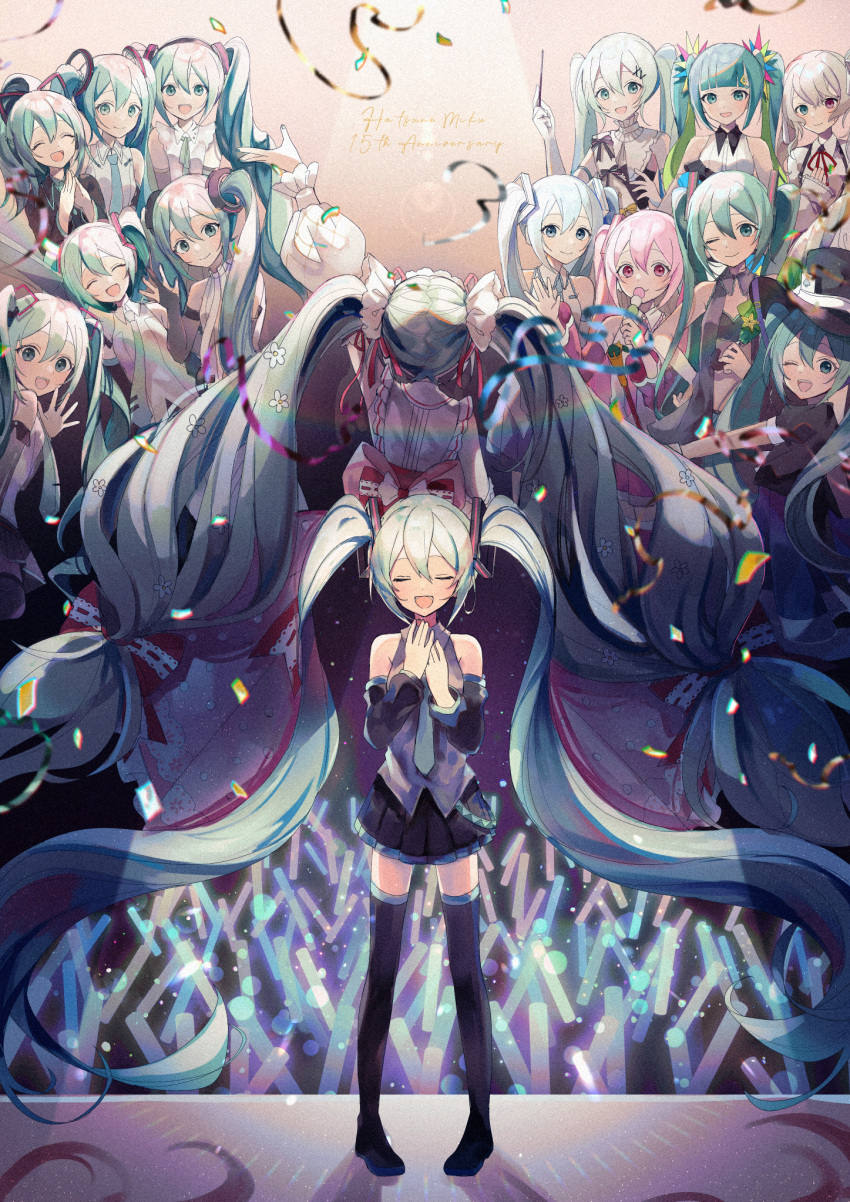 6+girls aqua_eyes aqua_hair aqua_nails aqua_necktie blue_eyes blue_hair boots closed_eyes dango food glowstick hair_ornament hatsune_miku hatsune_miku_(append) heterochromia highres multiple_girls multiple_persona necktie pink_eyes pink_hair red_eyes sakura_miku sazanami_(ripple1996) thigh_boots twintails vocaloid vocaloid_append wagashi yuki_miku