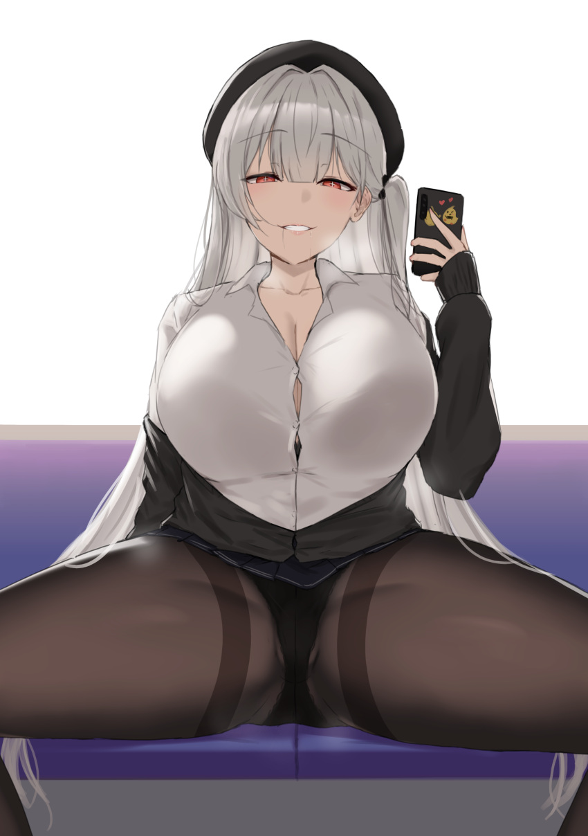 +_+ 1girl absurdres azur_lane beret black_bra black_headwear black_jacket black_panties black_pantyhose blunt_bangs bra bra_peek breasts cellphone cleavage collared_shirt corrupted_file cross-shaped_pupils grey_hair hair_between_eyes hand_up hat highres holding holding_phone huge_breasts jacket light_blush long_hair long_sleeves looking_at_viewer naughty_face noe_(ppppriver) off_shoulder official_alternate_costume one_side_up open_clothes open_jacket panties panties_under_pantyhose pantyhose phone pleated_skirt red_eyes scylla_(azur_lane) scylla_(femme_fatale_fresher)_(azur_lane) seductive_smile shirt sitting skirt smartphone smile solo spread_legs steaming_body symbol-shaped_pupils thick_thighs thighs underwear white_shirt