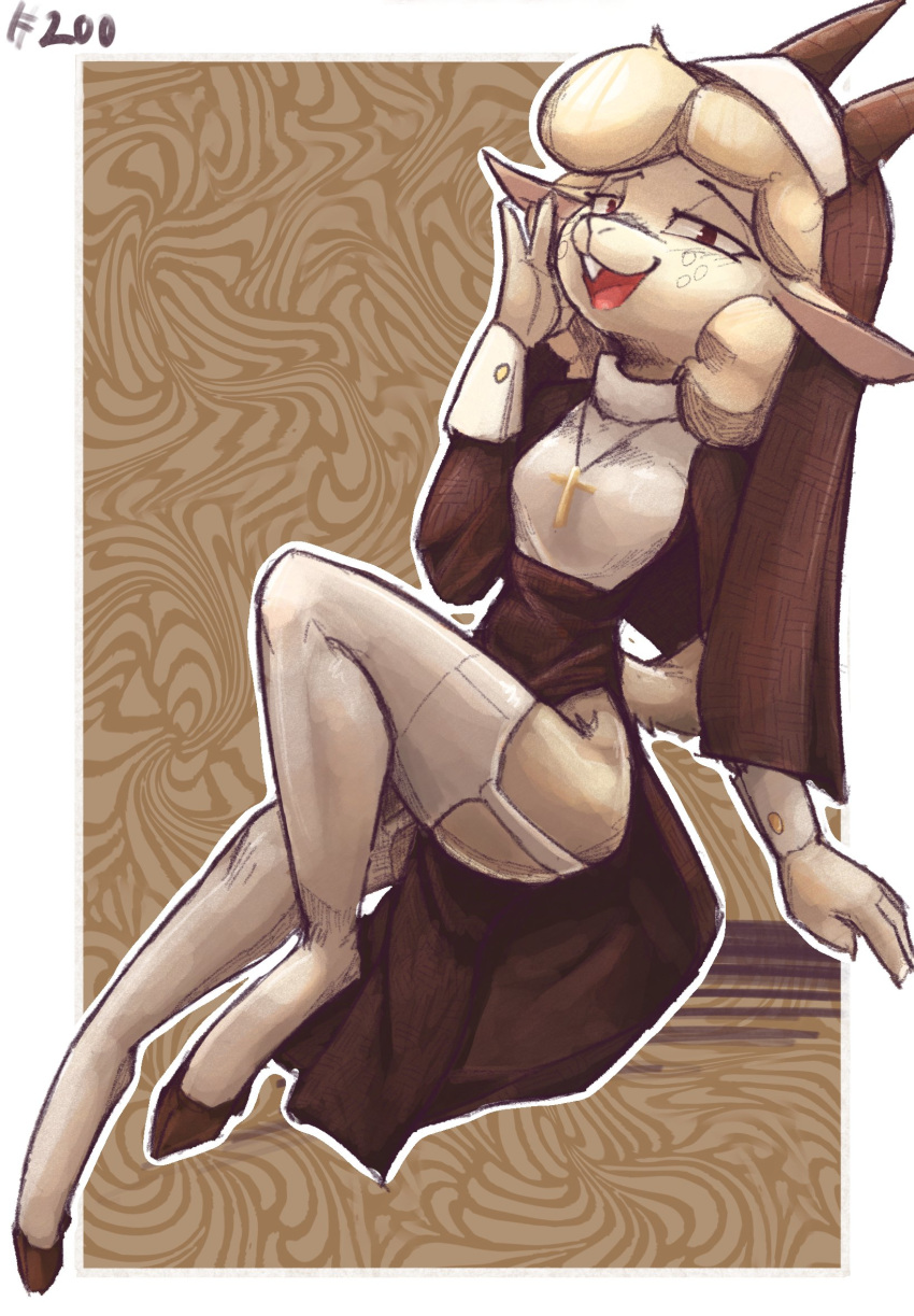 anthro bovid c3ilin caprine clothed clothing cloven_hooves cross cross_necklace domestic_sheep female fully_clothed fur garter_straps hair hi_res hooves horn jewelry legwear lingerie looking_at_viewer mammal necklace nun nun_habit nun_outfit sheep sketch solo stockings white_body white_fur white_hair