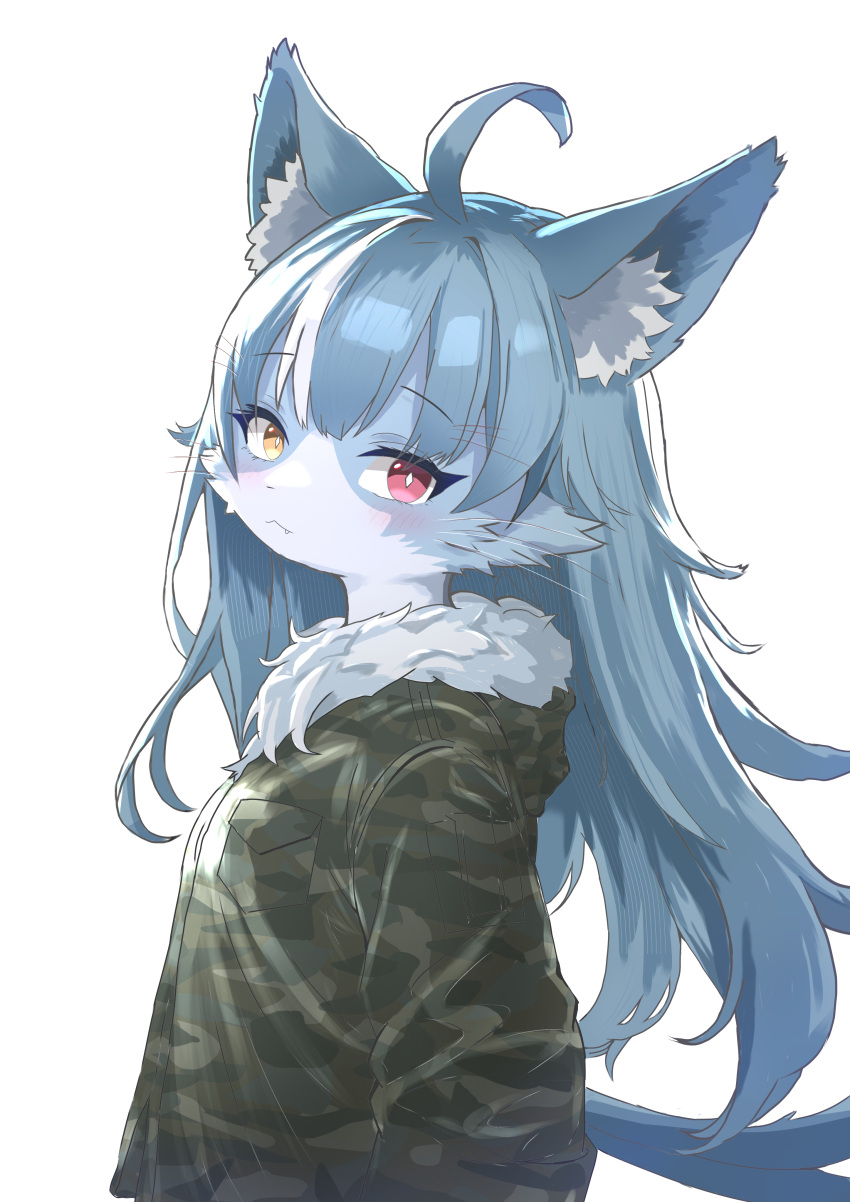 2023 absurd_res ahoge anthro blue_body blue_fur blue_hair blush camo camo_clothing camo_print cheek_tuft clothed clothing cute_fangs delfino_r digital_media_(artwork) domestic_cat facial_tuft felid feline felis fluffy forked_tail fur girly hair heterochromia hi_res jacket japan_air_self-defense_force kemono long_hair looking_at_viewer male male_anthro mammal multicolored_body multicolored_fur neck_tuft omaneko_(jasdf) pattern_clothing portrait red_eyes simple_background solo tail topwear tuft two_tone_body two_tone_fur unusual_anatomy unusual_tail whiskers white_background white_body white_fur yellow_eyes