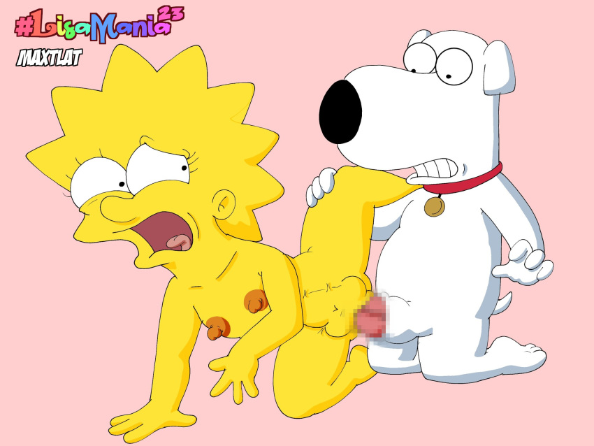 bestiality brian_griffin canid canine canis collar crossover domestic_dog duo family_guy female feral hi_res human lisa_simpson male male/female mammal maxlat nude open_mouth red_collar simple_background teeth the_simpsons tongue yellow_body young