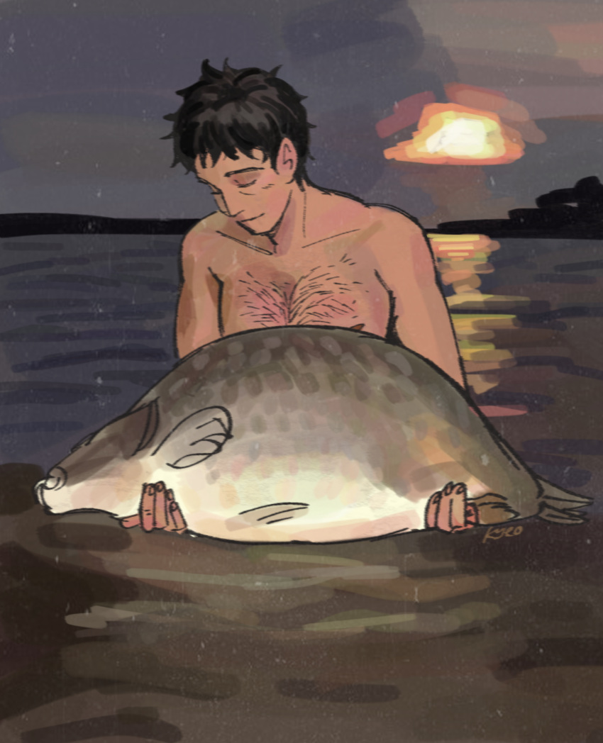 1boy animal black_hair chest_hair closed_eyes closed_mouth commentary english_commentary fish highres holding holding_animal holding_fish kyokyeo male_focus mob_psycho_100 outdoors partially_submerged serizawa_katsuya short_hair smile solo sun topless_male upper_body water