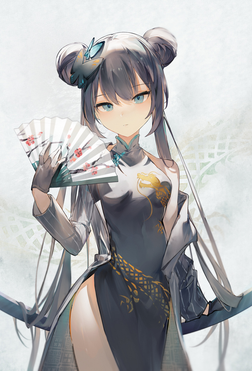 1girl absurdres amari black_dress black_gloves black_hair blue_archive blue_eyes breasts butterfly_hair_ornament china_dress chinese_clothes closed_mouth covered_navel double_bun dragon_print dress gloves grey_jacket hair_bun hair_ornament hand_fan highres holding holding_fan jacket kisaki_(blue_archive) long_hair looking_at_viewer print_dress small_breasts solo standing striped striped_jacket thighs twintails vertical-striped_jacket vertical_stripes very_long_hair