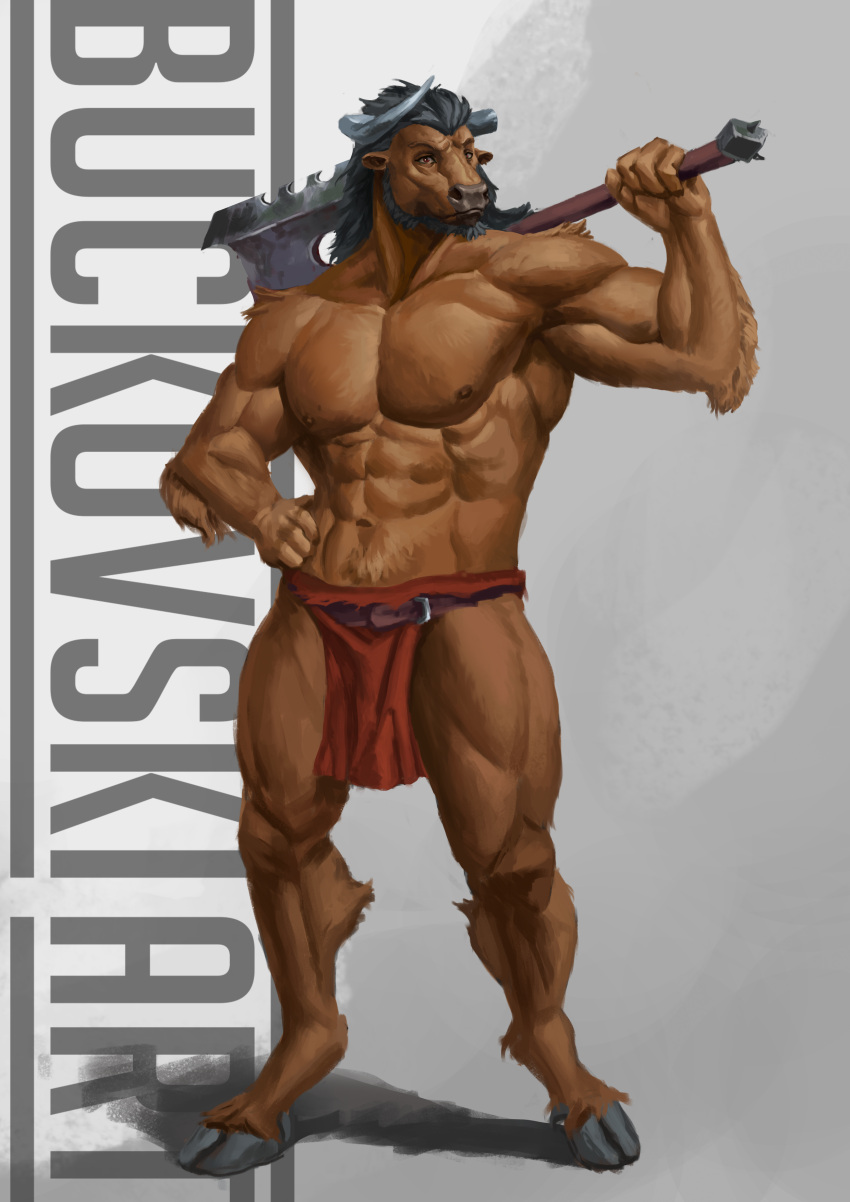 absurd_res anthro axe biscuit_(disambiguation) bottomwear bovid bovine brown brown_body buckovskiart cattle clothing european_mythology fantasy_creature greek_mythology hi_res hooves loincloth male mammal minotaur muscle_tone muscular muscular_male mythology nipples solo tarus