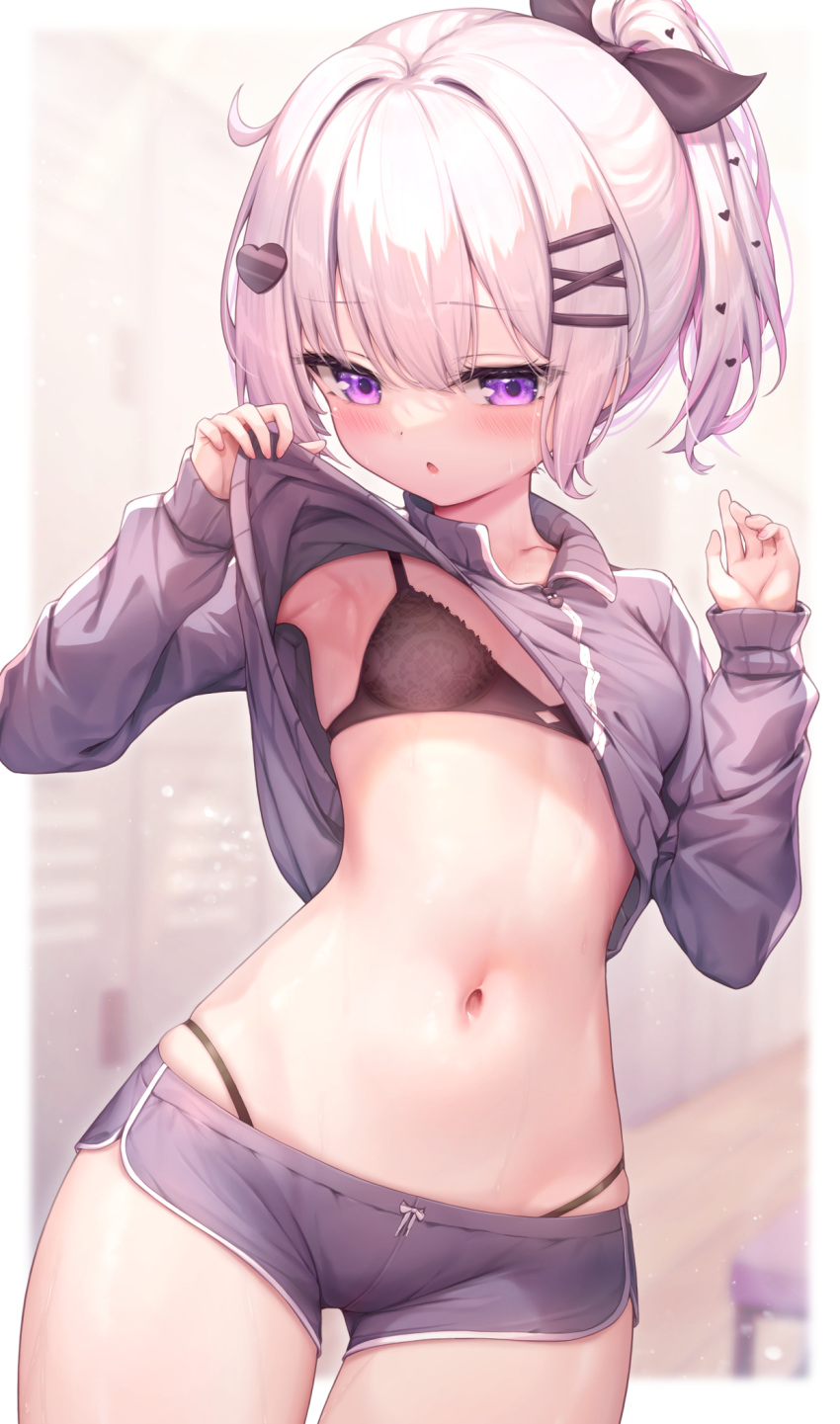 1girl :o arata_(xin) black_bra black_panties bra breasts hair_ornament heart heart_hair_ornament highres jacket lifted_by_self long_sleeves looking_at_viewer multicolored_hair navel open_mouth original panties panty_straps pink_hair ponytail purple_eyes purple_jacket revision short_shorts shorts small_breasts solo stomach track_jacket underwear white_hair x_hair_ornament