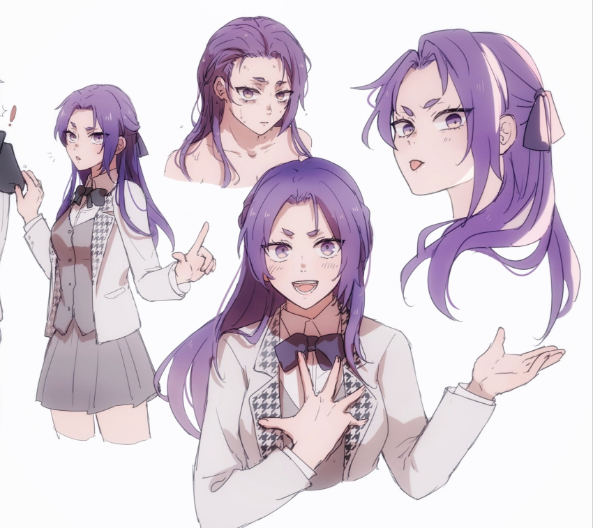 1girl 1other :p blue_lock bow clothes_grab collared_shirt cowboy_shot genderswap genderswap_(mtf) grey_vest hair_bow hands_up highres jacket kaliai_k long_hair long_sleeves looking_at_viewer mikage_reo open_mouth purple_bow purple_eyes purple_hair school_uniform shirt short_eyebrows simple_background sleeve_grab smile sweat tongue tongue_out upper_body v-shaped_eyebrows vest white_background white_jacket white_shirt