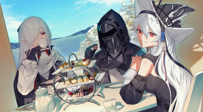 1other 2girls absurdres arknights bare_shoulders black_dress black_gloves black_headwear black_jacket black_sleeves blue_sky breasts building character_request check_character cloud cup day detached_sleeves doctor_(arknights) dress food gladiia_(arknights) gloves grey_hair hair_between_eyes hair_over_one_eye highres holding holding_cup holding_food hood hood_up hooded_jacket jacket long_hair long_sleeves looking_at_viewer looking_to_the_side macaron medium_breasts multiple_girls oxy_(ho2) partially_fingerless_gloves pointy_ears red_eyes shirt sky sleeveless sleeveless_dress specter_(arknights) specter_the_unchained_(arknights) tiered_tray very_long_hair white_shirt