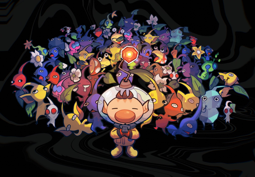 1boy 6+others antennae bajinns blue_pikmin bulbmin flower glow_pikmin helmet highres ice_pikmin leaf looking_at_viewer multiple_others mushroom mushroom_pikmin olimar own_hands_together pikmin_(series) pointy_ears purple_pikmin red_pikmin rock_pikmin spacesuit white_pikmin winged_pikmin yellow_pikmin