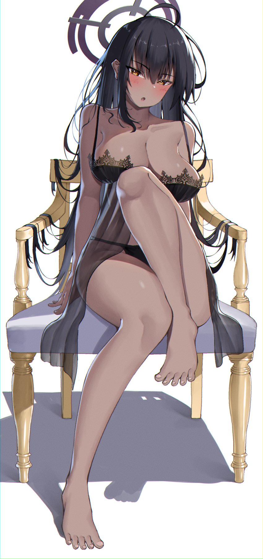 1girl absurdres ahoge babydoll bare_shoulders black_babydoll black_hair blue_archive blush breasts chair cleavage collarbone dark-skinned_female dark_skin full_body hair_down halo highres himeliofon karin_(blue_archive) large_breasts lingerie long_hair looking_at_viewer open_mouth sitting solo spaghetti_strap thighs underwear very_long_hair yellow_eyes