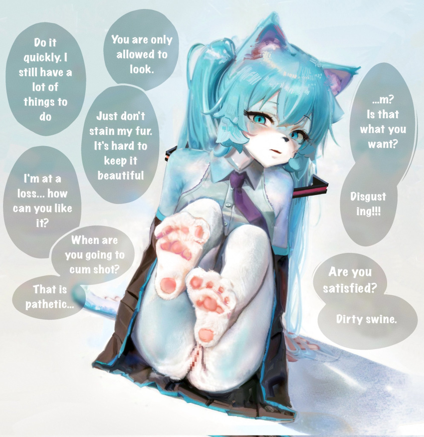 1girl animal_ears animal_feet arm_support bare_shoulders barefoot black_skirt black_sleeves blue_eyes blue_fur blue_hair blue_shirt cat_ears cat_feet cat_girl cat_tail censored collared_shirt commentary detached_sleeves dutch_angle english_text full_body furrification furry furry_female hair_between_eyes hatsune_miku highres legs_up long_hair looking_at_viewer mosaic_censoring necktie no_panties parted_lips pleated_skirt purple_necktie pussy shirt sitting skirt sleeveless sleeveless_shirt solo sweetonedollar tail twintails two-tone_fur vocaloid white_fur