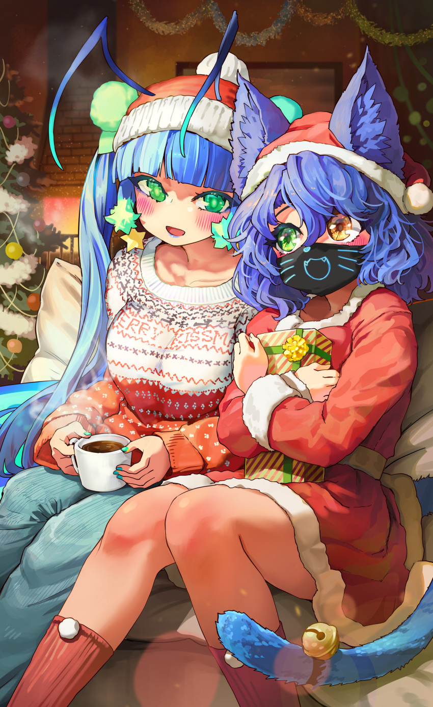 2girls absurdres animal_ears antenna_hair blue_hair blue_lips blunt_bangs blush breasts brown_eyes cat_ears cat_girl cat_tail christmas_sweater coffee_mug collarbone commission cup green_eyes green_nails heterochromia highres hot_chocolate indoors large_breasts long_hair looking_at_another mask melaton mouth_mask mug multiple_girls open_mouth original red_socks santa_costume short_hair sitting skeb_commission smile socks tail twintails wavy_hair