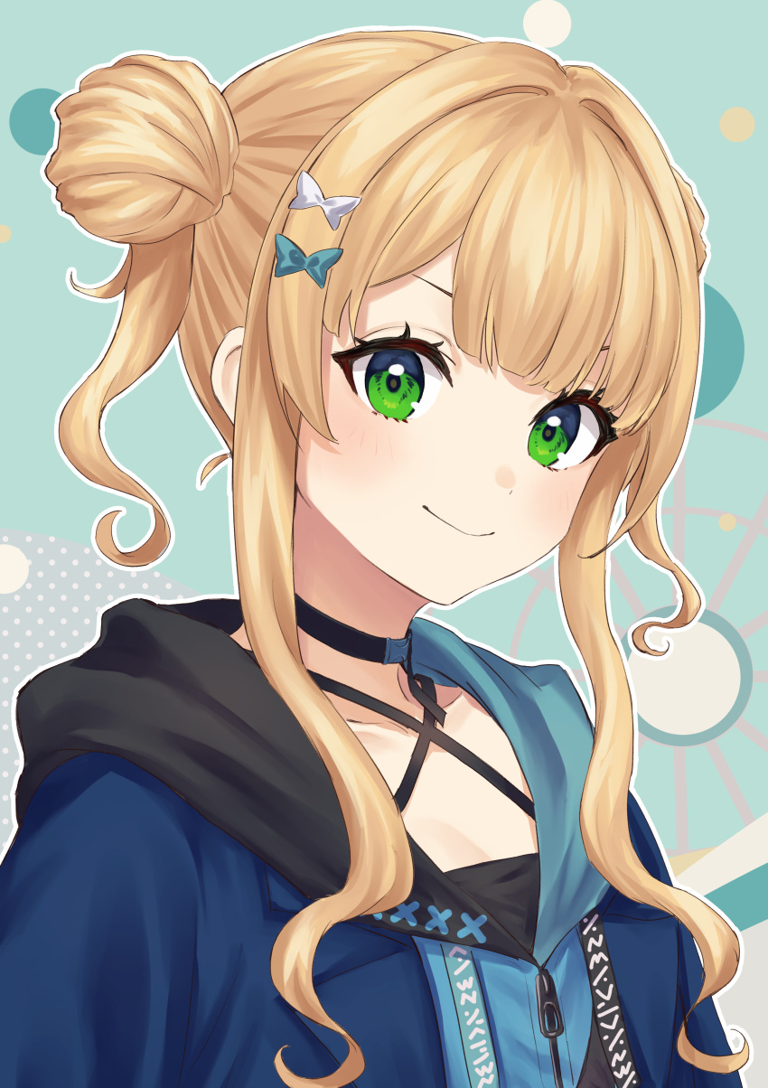 1girl absurdres blonde_hair blue_jacket choker closed_mouth g9_(jiiku) green_eyes hair_bun highres jacket kaburaki_roco long_hair looking_at_viewer nijisanji open_clothes smile solo twintails virtual_youtuber