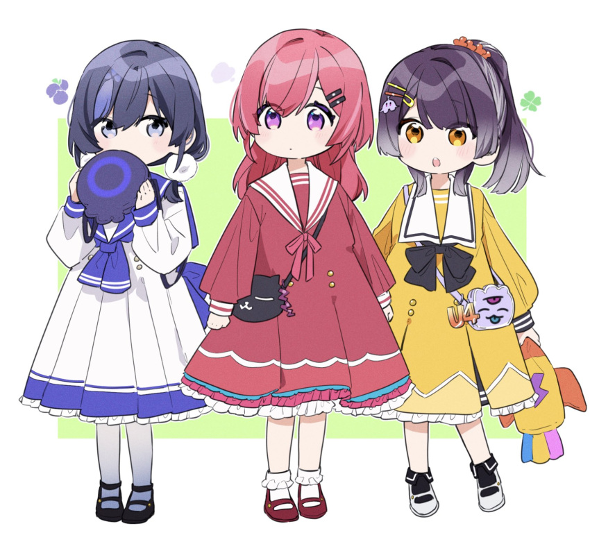 &gt;:( 3girls :d age_switch aged_down aged_up alternate_costume alternate_hairstyle alternate_height amagase_muyu black_bow black_bowtie black_hair blue_neckerchief blue_sailor_collar bow bowtie dress gradient_hair grey_eyes hair_ornament hairclip height_switch highres kindergarten_uniform long_sleeves loose_clothes low_twintails multicolored_hair multiple_girls neckerchief nijisanji pink_eyes pom_pom_(clothes) ponto_nei ponytail ranunculus_(nijisanji) red_hair red_ribbon red_skirt ribbon sailor_collar school_uniform skirt sleeves_past_wrists smile srkm_ice streaked_hair twintails ufo_hair_ornament umise_yotsuha v-shaped_eyebrows virtual_youtuber yellow_eyes