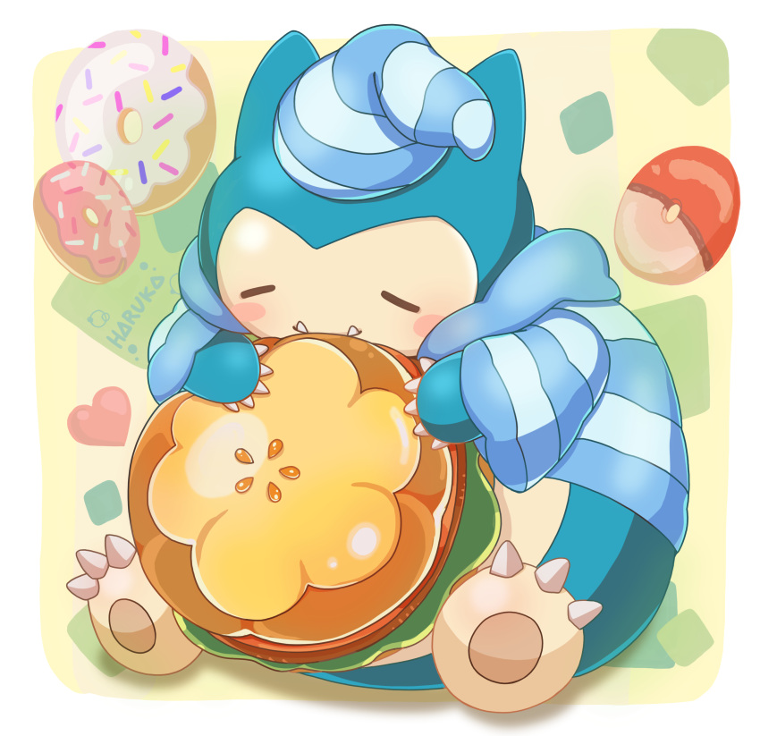 absurdres artist_name blush_stickers border claws closed_eyes closed_mouth clothed_pokemon commentary_request doughnut fangs fangs_out food haruka_(pixiv_5761359) hat highres holding nightcap no_humans pajamas pokemon pokemon_(creature) smile snorlax solo white_border