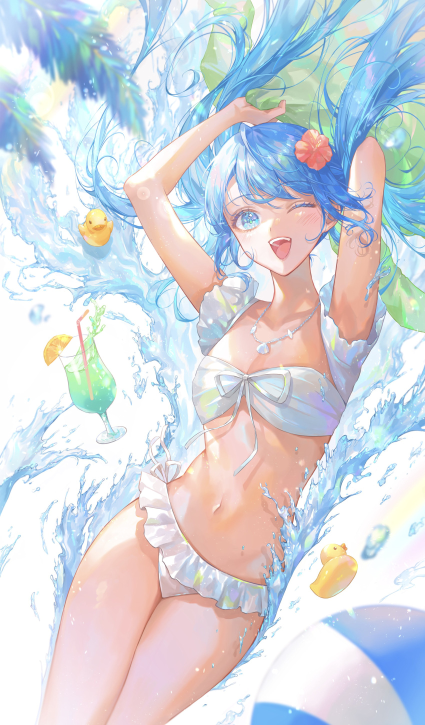 1girl absurdres arms_up ball beachball bikini blue_eyes blue_hair breasts collarbone commentary cowboy_shot cup drinking_glass drinking_straw floating_hair flower frilled_bikini frills hair_flower hair_ornament hatsune_miku highres holding jewelry kinakomocci518 light_blush long_hair looking_at_viewer navel necklace one_eye_closed open_mouth rainbow rubber_duck small_breasts smile solo stomach swimsuit symbol-only_commentary teeth twintails upper_teeth_only very_long_hair vocaloid water white_bikini
