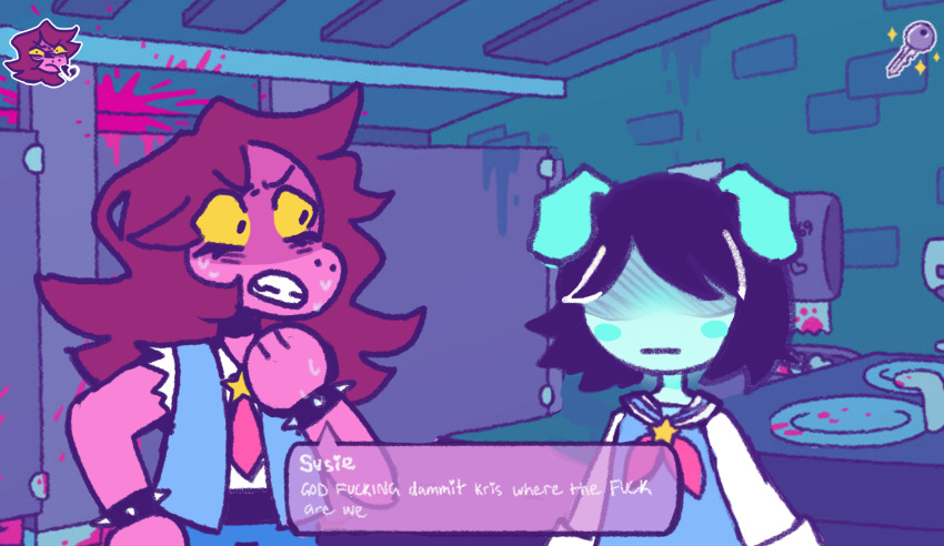 &lt;/3 2021 90_percent_studios ambiguous_gender anthro asian_clothing bathroom blood blood_on_ceiling blood_on_ground blood_on_wall blood_splatter blue_body blue_clothing blue_fur blush blush_stickers bodily_fluids bracelet canid canine canis clenched_teeth clothing crossover deltarune dialogue digital_drawing_(artwork) digital_media_(artwork) domestic_dog duo east_asian_clothing english_text eye_through_hair faucet female fur hair hi_res icon japanese_clothing japanese_school_uniform jewelry key kris_(deltarune) kris_where_are_we mammal meme name_in_dialogue necktie nervous profanity public_restroom puff.toons purple_hair purrfect_apawcalypse school_uniform serafuku shirt speech_bubble spiked_bracelet spikes star style_parody susie_(deltarune) sweat teeth text topwear translucent translucent_hair trash_can undertale_(series) uniform vest