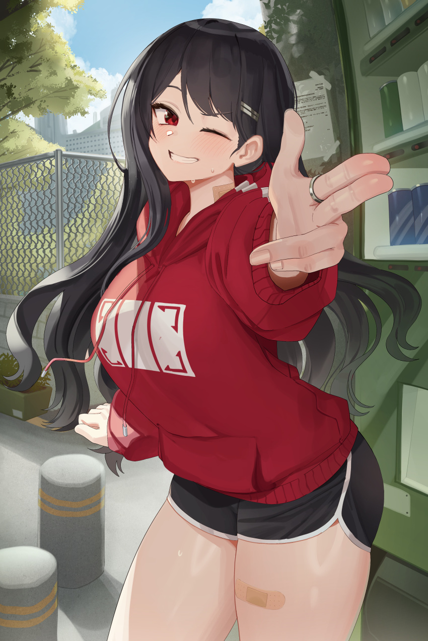 ;d absurdres bandaid_on_thigh black_hair black_shorts blush commission dolphin_shorts goback grin highres hood hoodie long_hair looking_at_viewer one_eye_closed original outdoors red_eyes red_hoodie salute shorts side_slit smile sweatdrop two-finger_salute very_long_hair