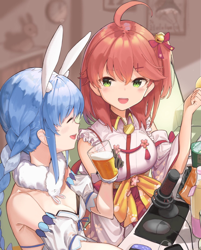 2girls :d ahoge alcohol animal_ear_fluff animal_ears bare_shoulders beer bell black_gloves blue_hair bottle braid breasts chips_(food) closed_eyes commentary detached_sleeves don-chan_(usada_pekora) extra_ears facing_another food gloves green_eyes hair_bell hair_between_eyes hair_ornament highres hololive indoors jingle_bell large_breasts looking_at_another medium_breasts microphone mouse_(computer) multicolored_hair multiple_girls nontraditional_miko one_side_up open_mouth potato_chips puffy_detached_sleeves puffy_sleeves rabbit_ears rabbit_girl red_hair sakura_miko sakura_miko_(1st_costume) shirokuma_1231 smile two-tone_hair usada_pekora usada_pekora_(1st_costume) virtual_youtuber white_hair x_hair_ornament